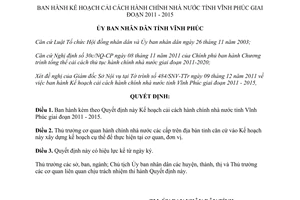 Quyết định 3620/QĐ-UBND 2011 Kế hoạch cải cách hành chính nhà nước 2011 2015 Vĩnh Phúc
