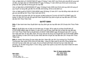 Quyết định 50/2011/QĐ-UBND giá đất năm 2012 tỉnh Thừa Thiên Huế d