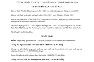 Quyết định số 31/2011/QĐ-UBND việc quyết toán thu chi ngân sách Hà Nam 2010