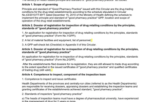 Circular No. 46/2011/TT-BYT promulgating principles, standards good pharmacy