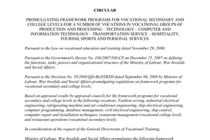Circular 38/2011/TT-BLDTBXH promulgating framework programs vocational secondary college levels