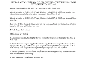 Thông tư 62/2011/TT-BGTVT quy định việc cấp phép bay cho chuyến bay