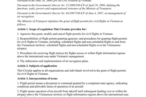 Circular No. 62/2011/TT-BGTVT stipulating the grant of flight permits for civil