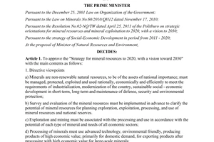 Decision No. 2427/QD-TTg approving mineral resources strategy to 2020, with
