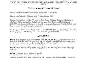 Quyết định 2817/QĐ-UBND 2011 hỗ trợ kinh phí cho người chăn nuôi gia cầm bị tiêu hủy Quảng Trị