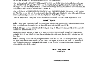 Quyết định 2388/2011/QĐ-UBND Bảng giá đất năm 2012 trên địa bàn tỉnh Bắc Kạn