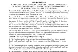 Joint circular No.40/2011/TTLT-BLDTBXH-BYT defining the adverse working conditio