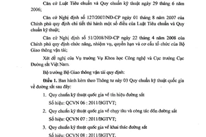 Thông tư 66/2011/TT-BGTVT về 03 Quy chuẩn kỹ thuật quốc gia về đường sắt