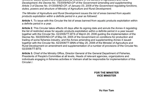 Circular No. 89/2011/TT-BNNPTNT issuing list of areas banned from aquatic produc