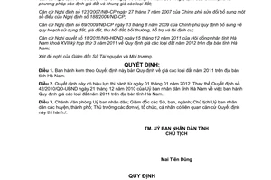 Quyết định 32/2011/QĐ-UBND giá đất trên địa bàn tỉnh Hà Nam năm 2012