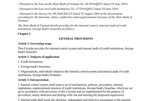 Circular No. 44 /2011/TT-NHNN providing for the internal control system and inte