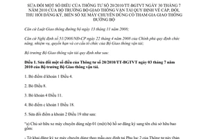 Thông tư 59/2011/TT-BGTVT sửa đổi Thông tư 20/2010/TT-BGTVT