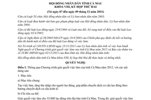 Nghị quyết 06/2011/NQ-HĐND Chương trình giải quyết việc làm Cà Mau 2012