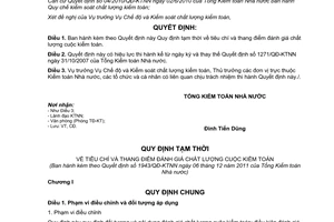 Quyết định 1943/QĐ-KTNN năm 2011 về Quy định tạm thời tiêu chí và thang điểm đán