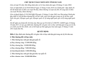 Quyết định 1546/QĐ-UBND mức thưởng đối với giáo viên học sinh đạt giải trong các kỳ thi Hà Nam 2011