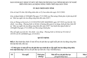 Quyết định 39/2011/QĐ-UBND mức hỗ trợ chi phí đào tạo nghề miễn phí