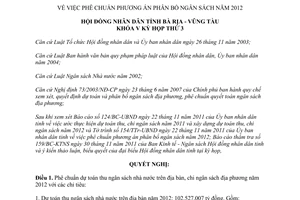 Nghị quyết 38/2011/NQ-HĐND phương án phân bổ ngân sách 2012 Bà Rịa Vũng Tàu