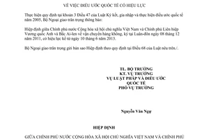 Thông báo 33/2013/TB-LPQT hiệu lực Hiệp định vận chuyển Việt Nam Anh Bắc Ai-len