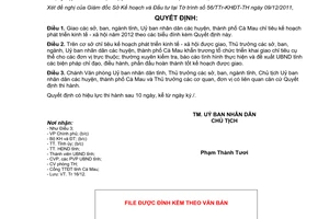 Quyết định 19/2011/QĐ-UBND phát triển kinh tế - xã hội năm 2012 Cà Mau