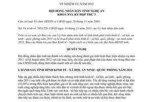 Nghị quyết số 22/2011/NQ-HĐND nhiệm vụ năm 2012 tỉnh Nghệ An