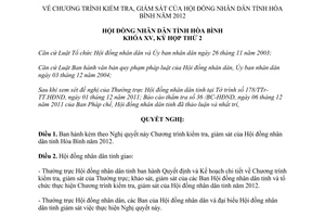 Nghị quyết 20/2011/NQ-HĐND chương trình kiểm tra giám sát của Hội đồng nhân dân Hòa Bình 2012