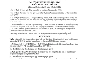 Nghị quyết 24/NQ-HĐND năm 2011 công bố văn bản hết hiệu lực Cà Mau