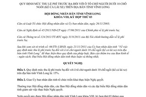 Nghị quyết 22/2011/NQ-HĐND thu lệ phí trước bạ với ô tô chở người dưới 10 chỗ ngồi Vĩnh Long