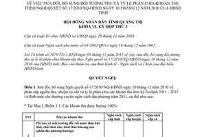 Nghị quyết số 23/2011/NQ-HĐND đối tượng thu và tỷ lệ phân chia các khoản thu Quảng Trị 2011