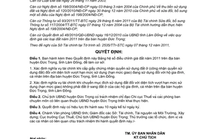 Quyết định 73/2011/QĐ-UBND Bảng hệ số điều chỉnh giá đất năm 2011