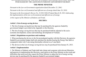 Decision No. 68/2011/QD-TTg the list of energy-saving devices that may be purchased by Government budget