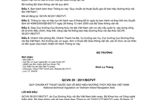 Thông tư 73/2011/TT-BGTVT Quy chuẩn kỹ thuật Quốc gia báo hiệu Đường thủy nội