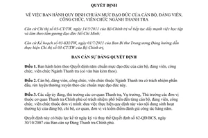 Quyết định 1821-QĐ/BCS  chuẩn mực đạo đức cán bộ, đảng viên