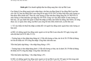 Công văn 56/QLLĐNN-TTLĐ thông báo việc Đài Loan điều chỉnh mức lương cơ bản