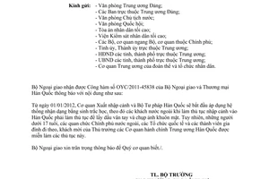 Công văn 136/BNG-LS thông báo mới thủ tục nhập cảnh Hàn Quốc