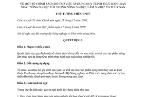 Quyết định 01/2012/QĐ-TTg chính sách hỗ trợ việc áp dụng quy trình thực hành