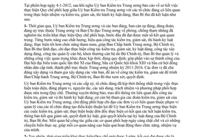 Thông báo 71-TB/TW thực hiện Quy chế phối hợp giữa Ủy ban Kiểm tra Trung ương