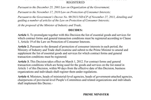 Decision No.02/2012/QD-TTg promulgating the list of essential goods and services