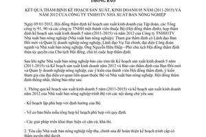 Thông báo 143/TB-BNN-ĐMDN kết quả thẩm định kế hoạch sản xuất, kinh doanh