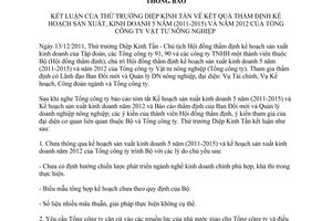 Thông báo 144/TB-BNN-ĐMDN kết luận Thứ trưởng Diệp Kỉnh Tần kết quả thẩm định
