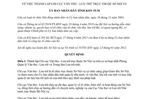 Quyết định 06/2012/QĐ-UBND thành lập Chi cục Văn thư Lưu trữ trực thuộc Sở Nội vụ Kon Tum