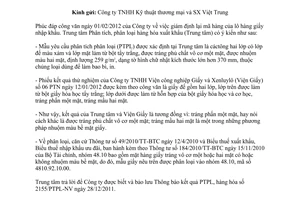 Công văn 139/PTPL-NV kết quả phân tích phân loại mặt hàng giấy