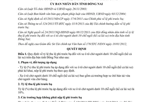 Quyết định 07/2012/QĐ-UBND tỷ lệ thu lệ phí trước bạ xe ô tô