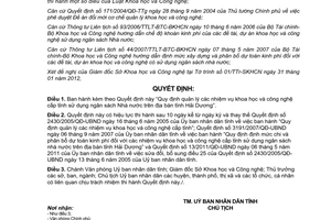 Quyết định 08/2012/QĐ-UBND quy định quản lý nhiệm vụ khoa học và công nghệ