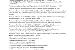 Circular No. 15/2012/TT-BTC promulgating forms of declaration for exports, impor