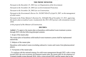 Decision No. 170/QD-TTg approving the master plan on hazardous solid medical was