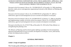 Circular No. 01/2012/TT-BKHDT guidance defining expenditure level for elaboratio