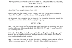 Quyết định 140/QĐ-BKHĐT phương án Tổng điều tra cơ sở kinh tế, hành chính