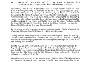 Thông báo 43/TB-VPCP kết luận Thủ tướng Chính phủ về vụ cưỡng chế thu hồi đất