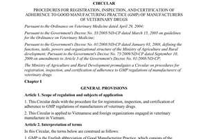 Circular No.07/2012/TT-BNNPTNT registration inspection certification of adherence to good manufacturing practice GMP