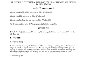 Quyết định 188/QĐ-TTg Chương trình bảo vệ và phát triển nguồn lợi thủy sản